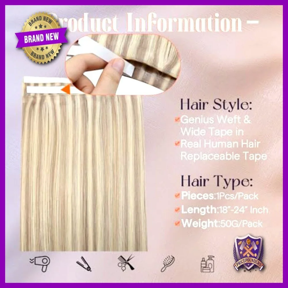 Long Human Hair Tape-In Extensions 20 Inch Remy Hair Weft